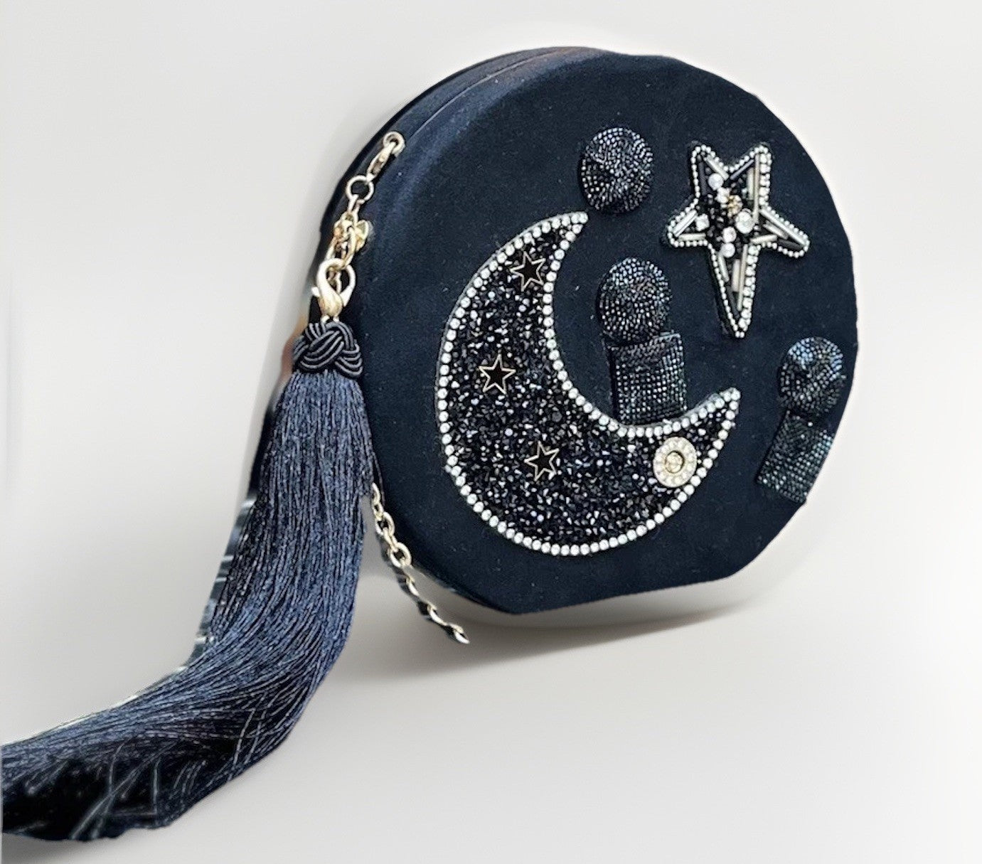 DAFNE Italy New Rare Star Round Clutch W/chain Quilted Suede Crystal Embellished
