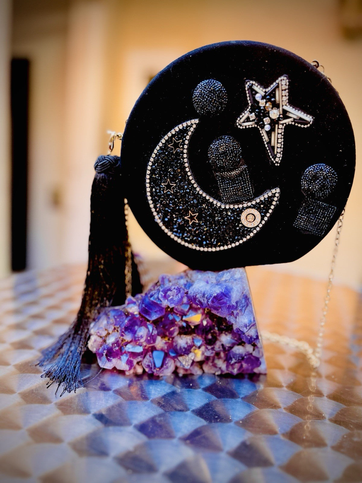 DAFNE Italy New Rare Star Round Clutch W/chain Quilted Suede Crystal Embellished