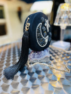 DAFNE Italy New Rare Star Round Clutch W/chain Quilted Suede Crystal Embellished