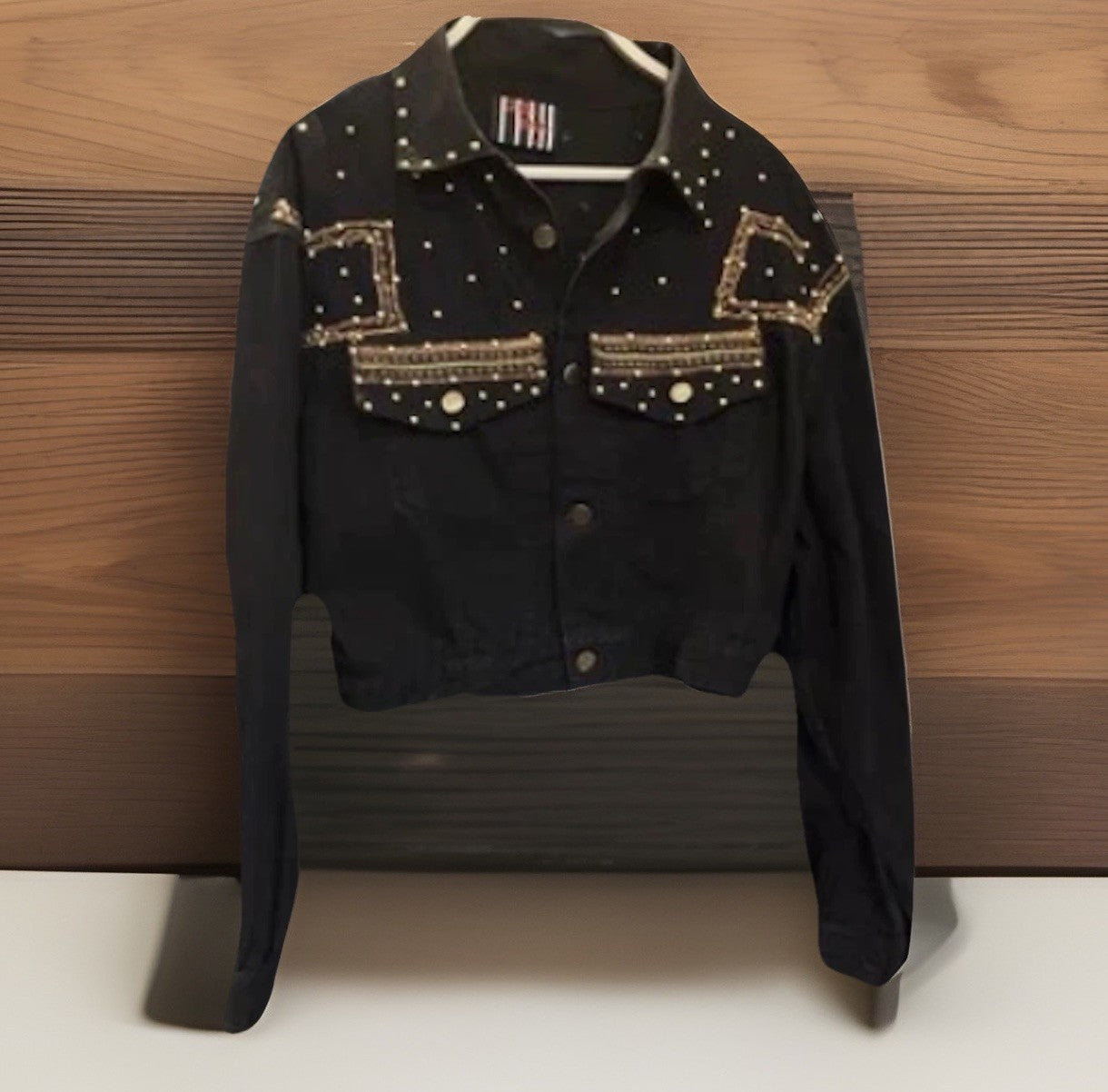 RARE Vintage Crosswalk LA  Gold Studded Black Denim Jacket Medium Embroidered