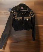 RARE Vintage Crosswalk LA  Gold Studded Black Denim Jacket Medium Embroidered