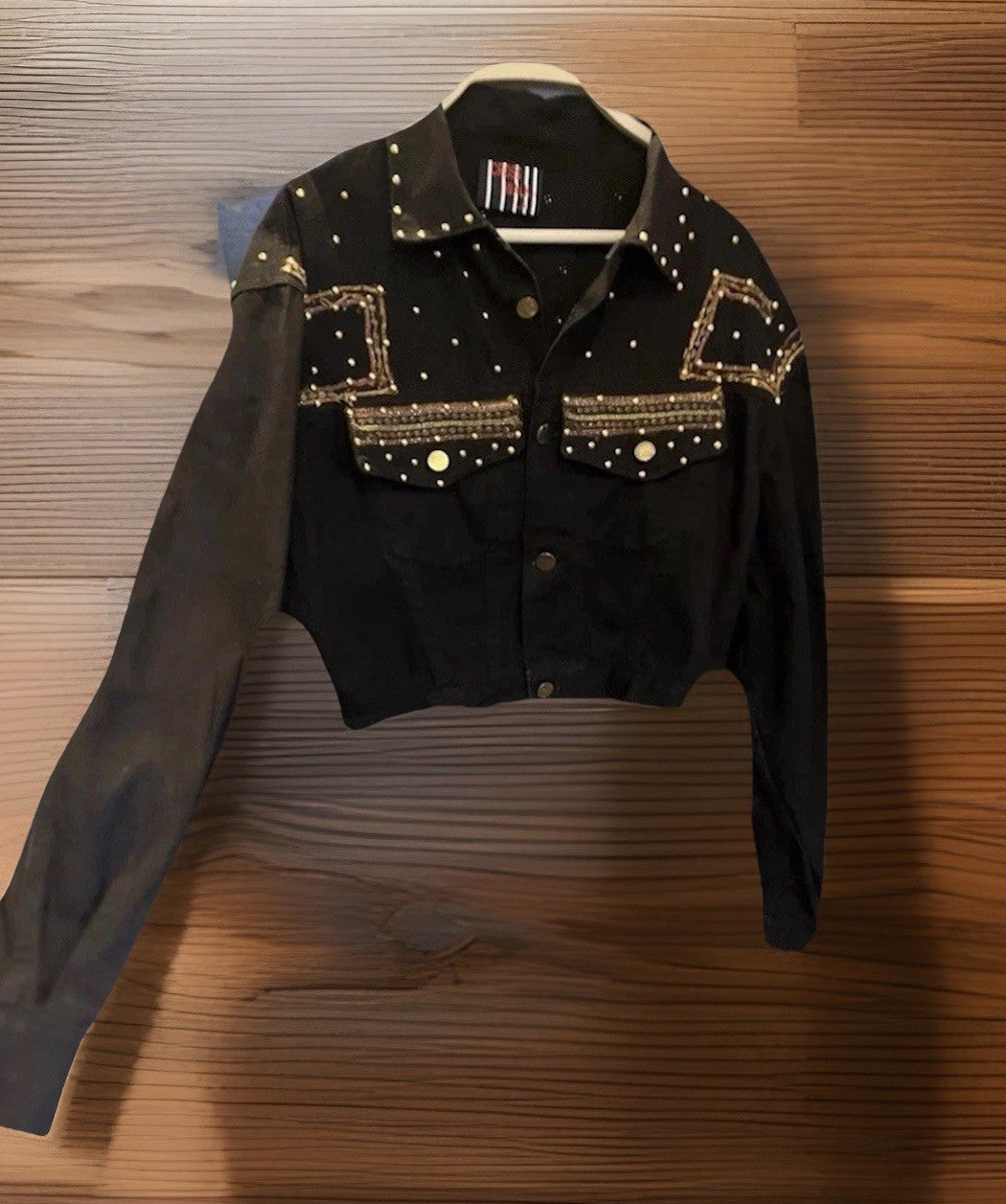 RARE Vintage Crosswalk LA  Gold Studded Black Denim Jacket Medium Embroidered
