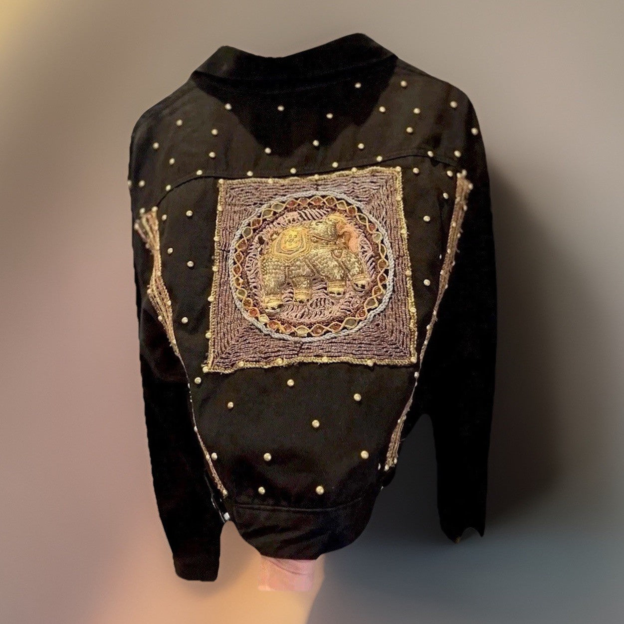 RARE Vintage Crosswalk LA  Gold Studded Black Denim Jacket Medium Embroidered