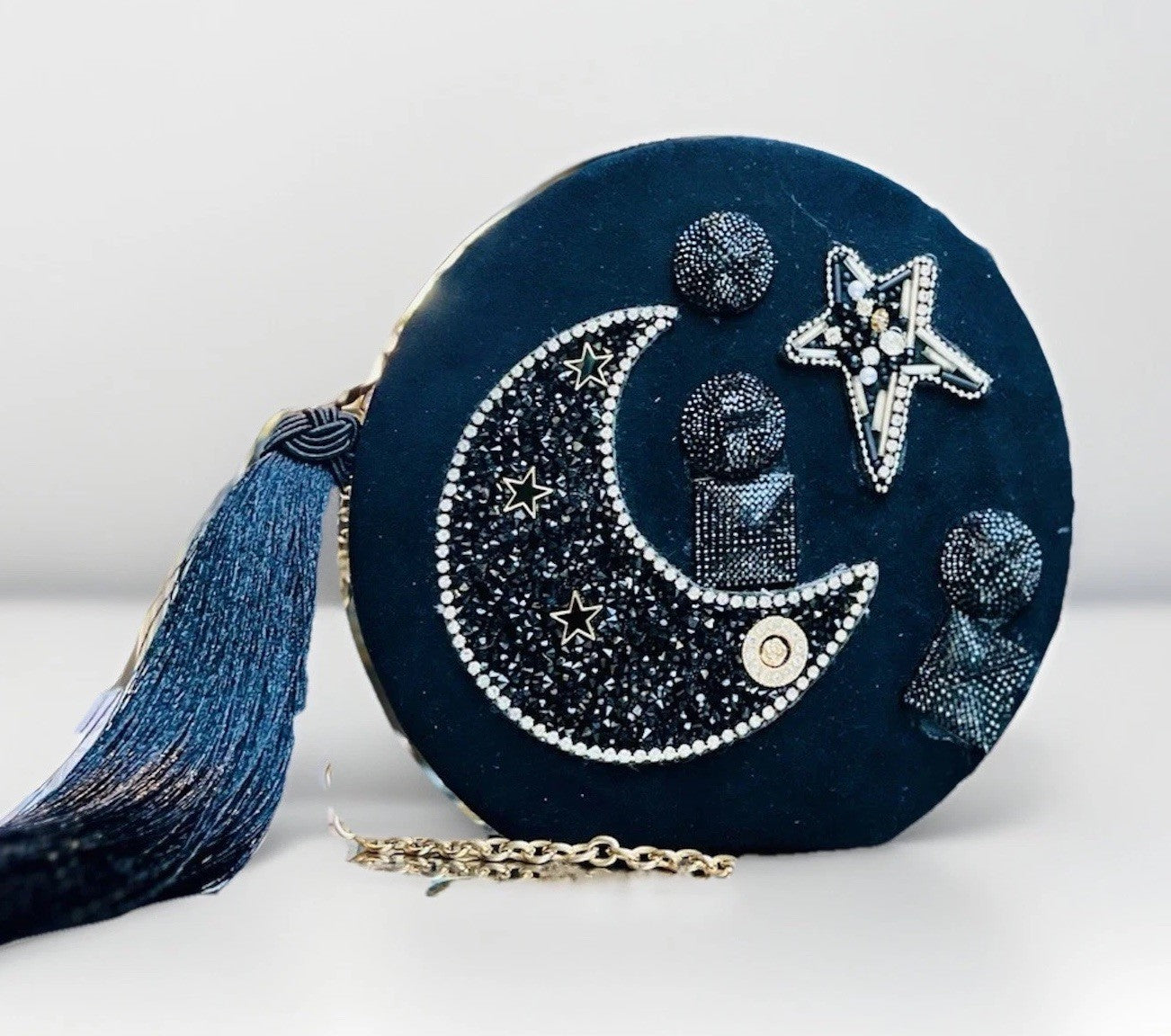 DAFNE Italy New Rare Star Round Clutch W/chain Quilted Suede Crystal Embellished