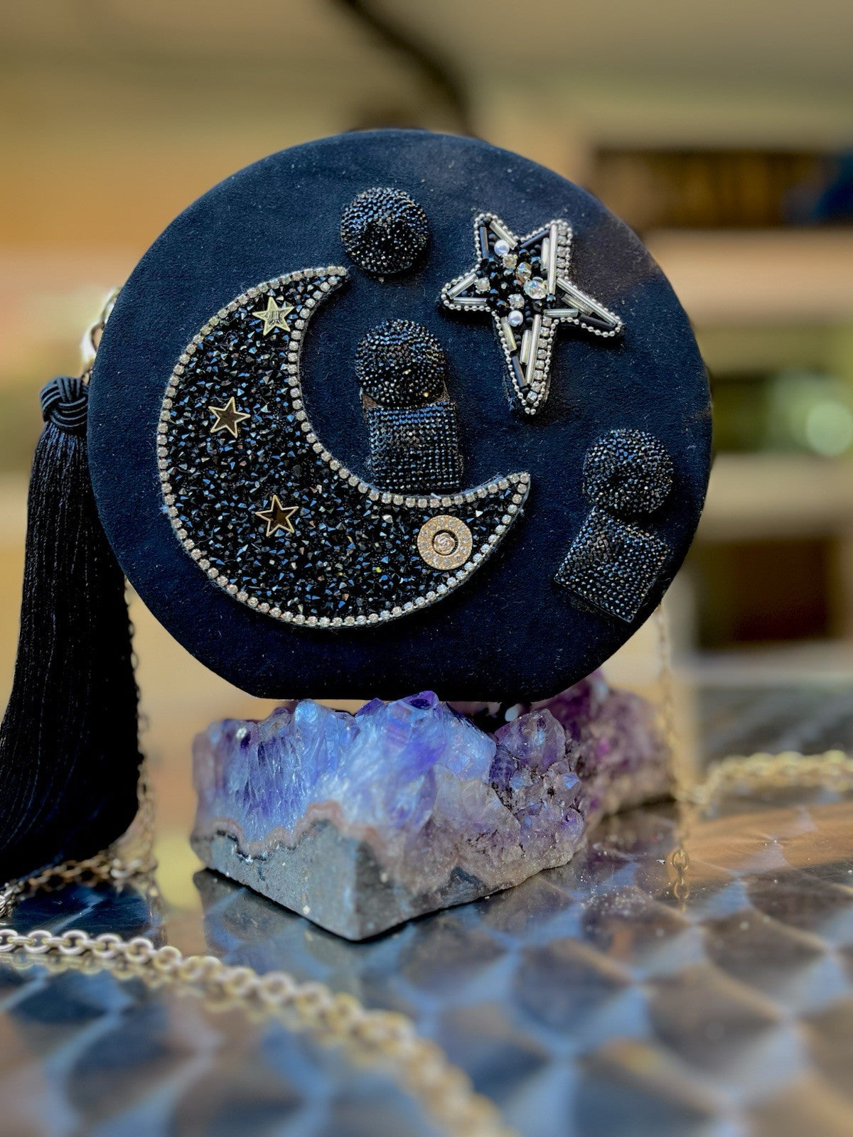 DAFNE Italy New Rare Star Round Clutch W/chain Quilted Suede Crystal Embellished