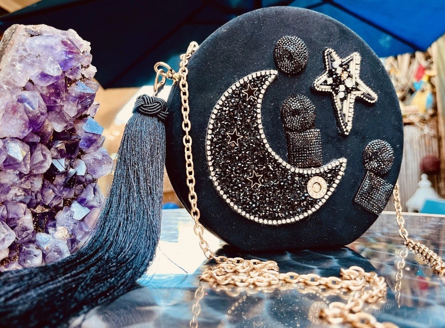 DAFNE Italy New Rare Star Round Clutch W/chain Quilted Suede Crystal Embellished